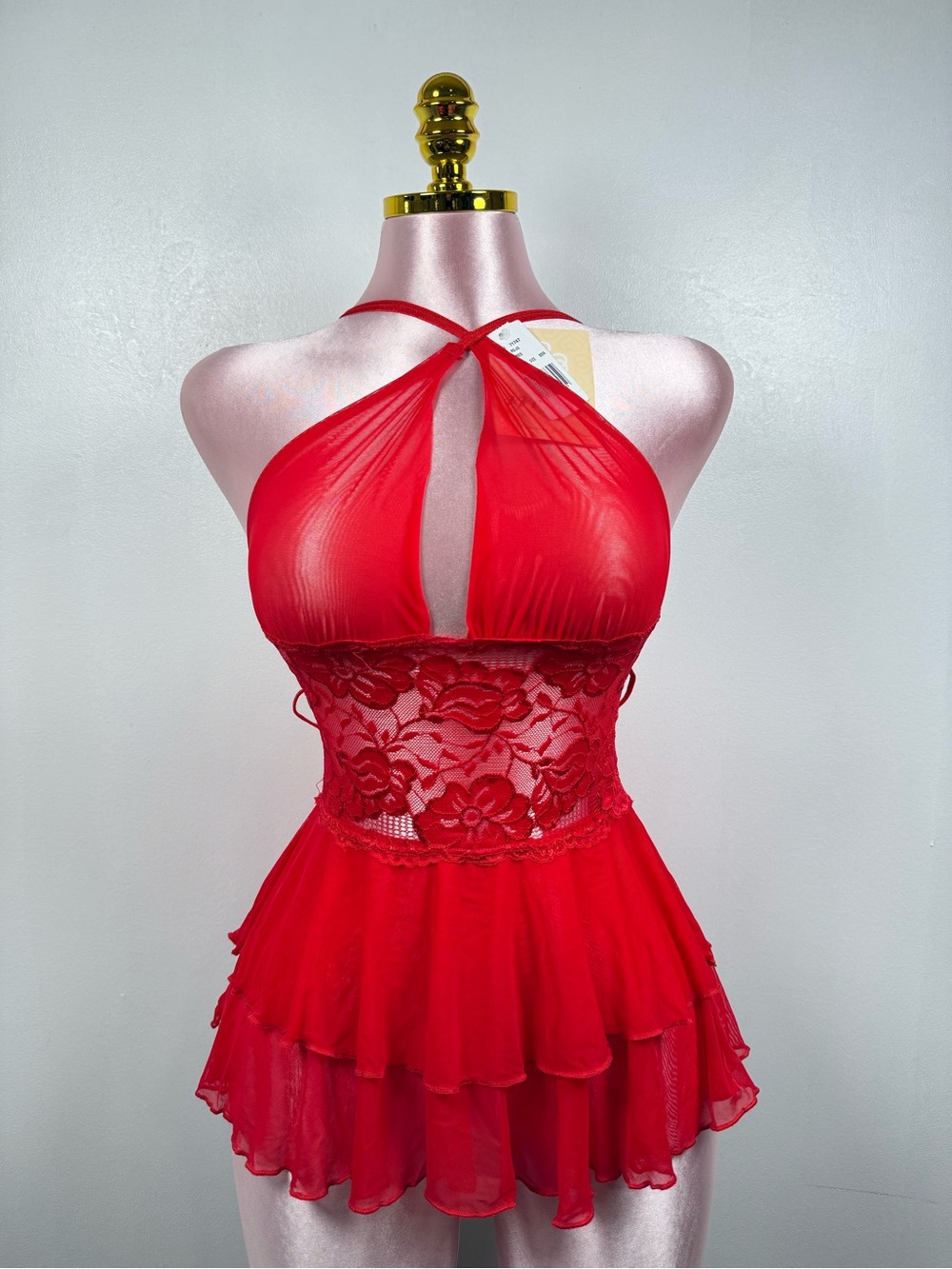 Mia de Andrea Red Lace Babydoll Lingerie Chemise NWT Size S Halter Sheer